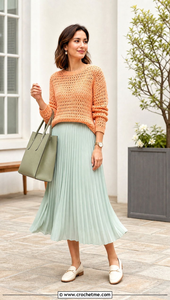 Crochet Crew Neck Sweater With Pleated Midi Skirt - 30 Spring Crochet Clothes Ideas