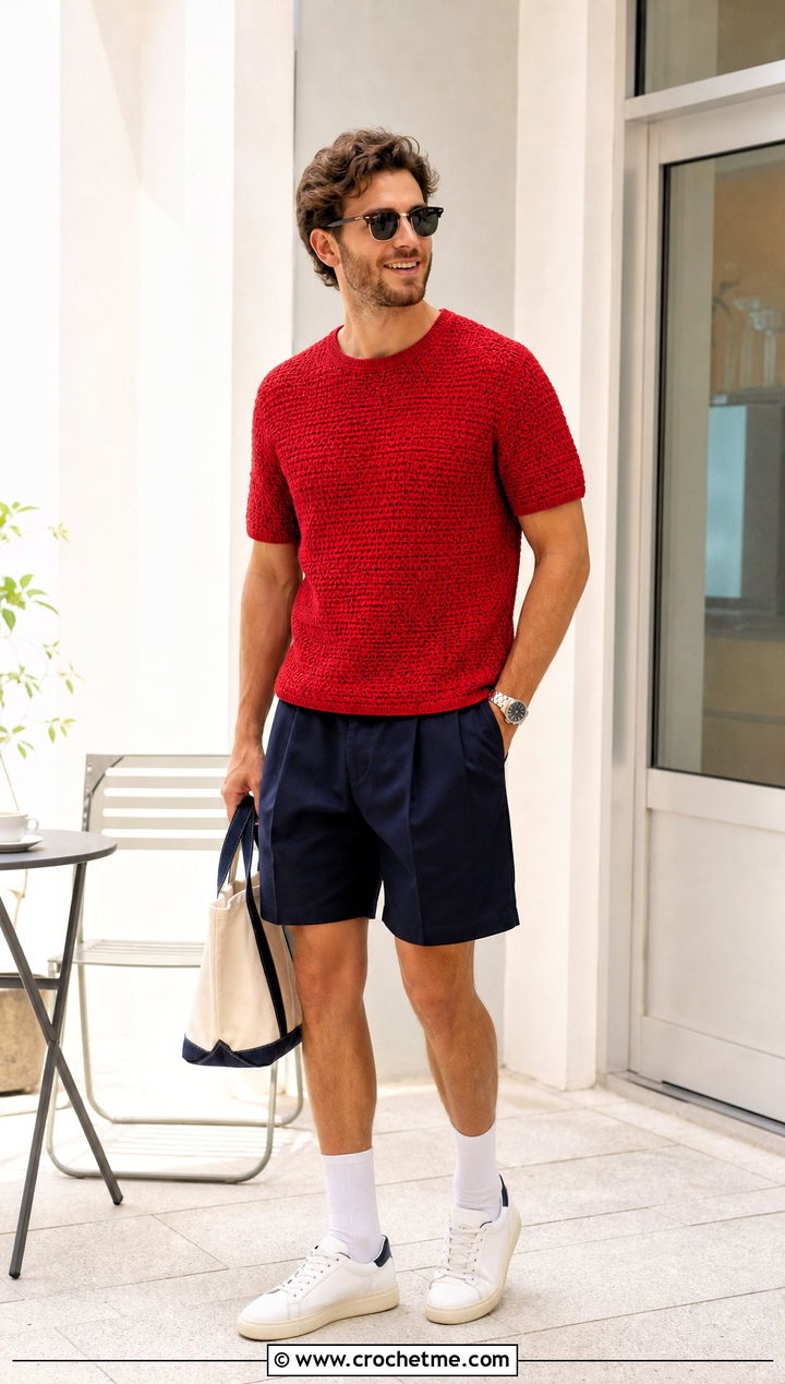 Crochet Crew Neck T Shirt With Pleated Shorts - 15 crochet tops for men outfit ideas