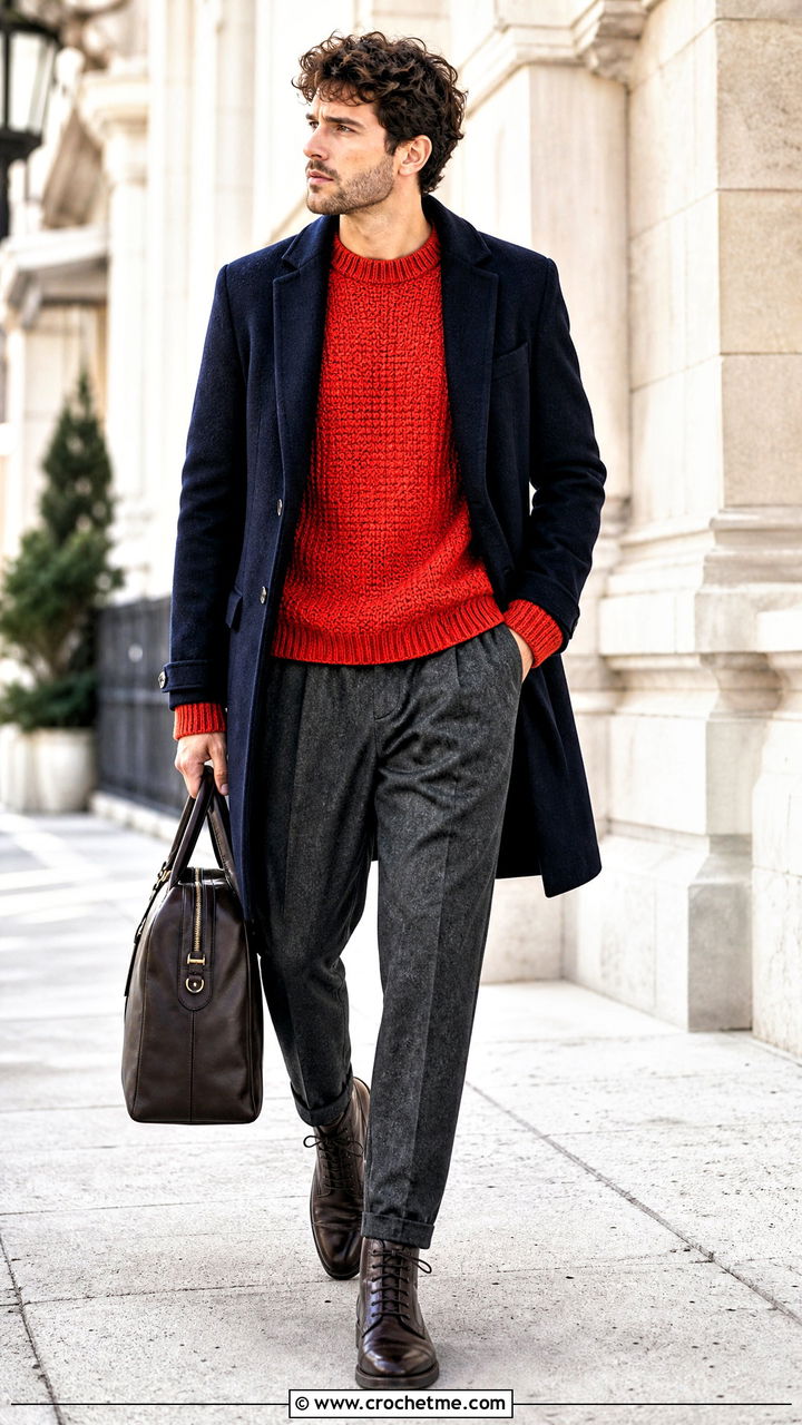 Crochet Crewneck Pullover With Flannel Trousers - 35 crochet top for men outfit ideas
