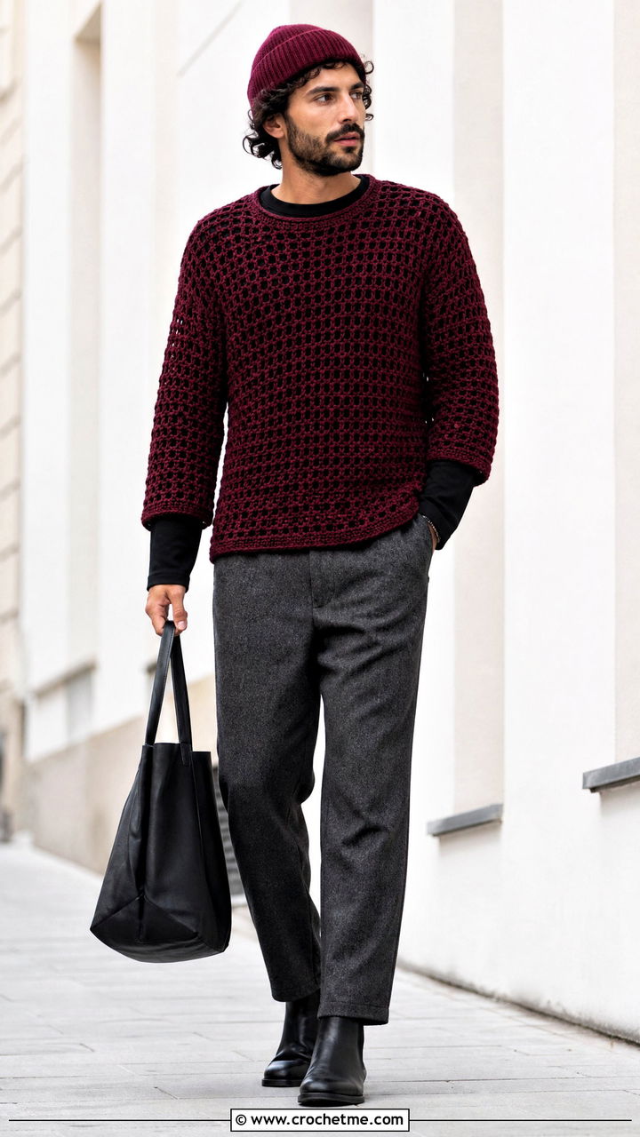 Crochet Crewneck Pullover With Wool Trousers - 35 crochet top men outfit ideas