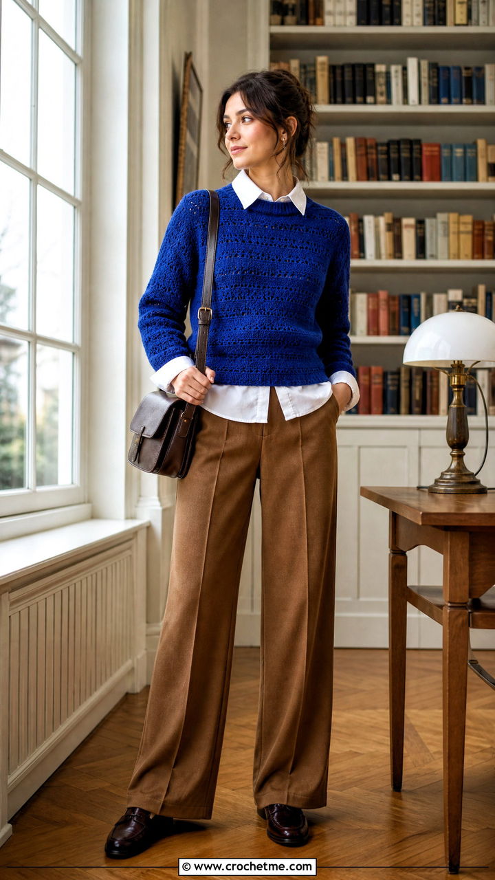 Crochet Crewneck Sweater With Collared Shirt - 35 crochet garments outfit ideas