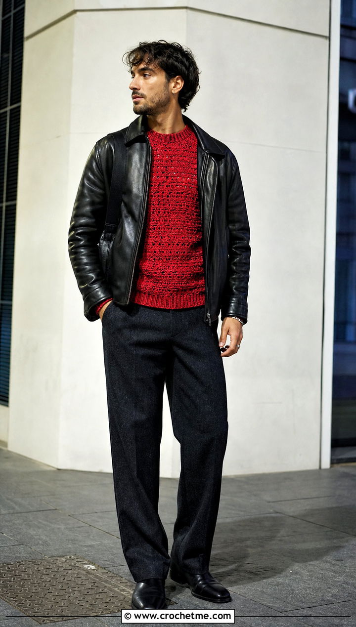 Crochet Crewneck Sweater With Leather Jacket - 15 men crochet clothes and outfit ideas