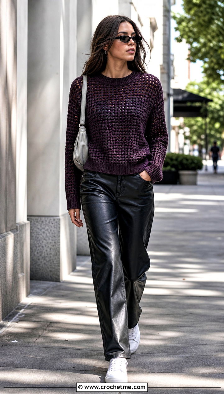 Crochet Crewneck Sweater With Leather Pants - 25 unique crochet clothing and outfit ideas