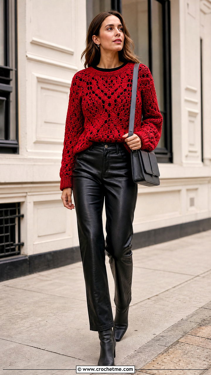 Crochet Crewneck Sweater With Leather Pants - 35 crochet projects clothes and outfit ideas