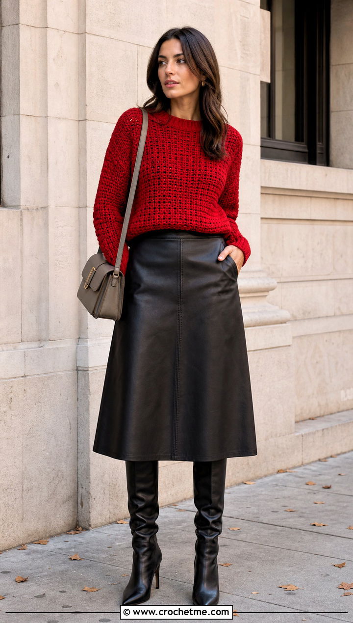 Crochet Crewneck Sweater With Leather Skirt - 30 crochet clothes outfit ideas