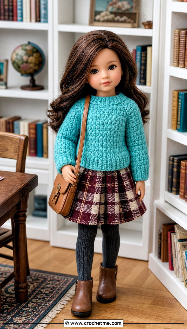 Crochet Crewneck Sweater With Plaid Skirt - 25 Crochet Small Doll Clothes and outfit ideas