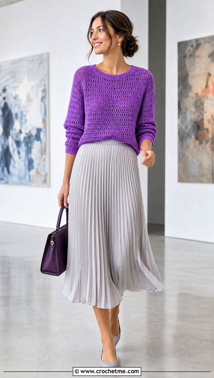 Crochet Crewneck Sweater With Pleated Midi Skirt - 25 Woman Crochet Sweater outfit ideas