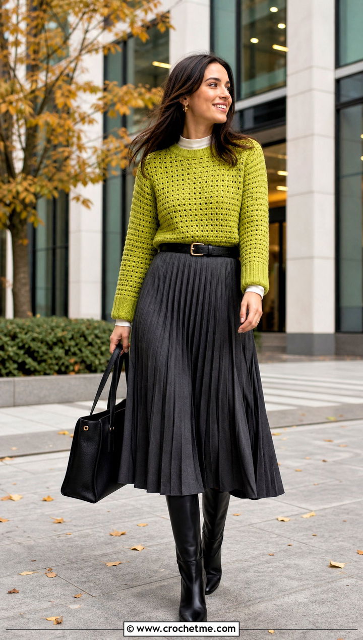Crochet Crewneck Sweater With Pleated Skirt - 30 unique crochet clothes and outfit ideas