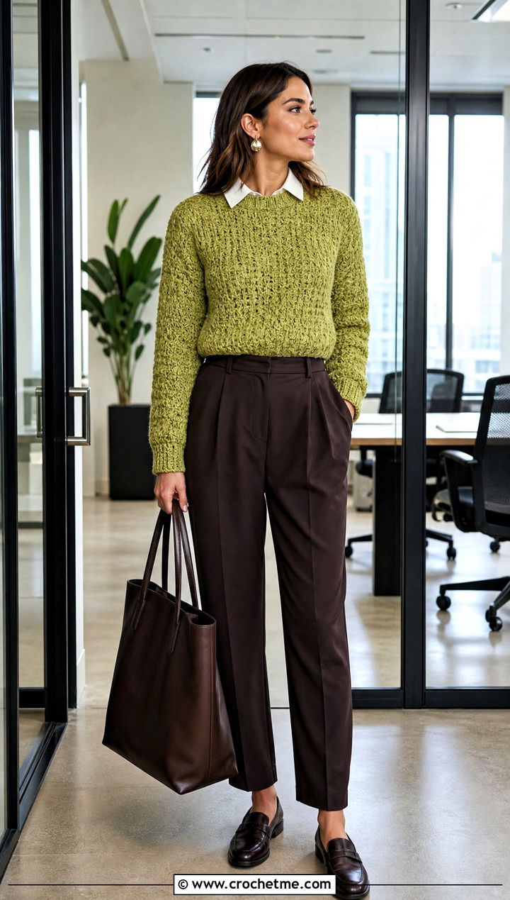 Crochet Crewneck Sweater With Pleated Trousers - 20 Crochet Clothes For Work outfit ideas