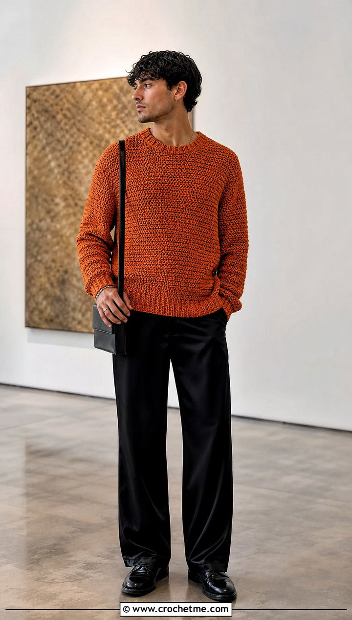 Crochet Crewneck Sweater With Satin Trousers - 25 Crochet Guys Clothes and outfit ideas