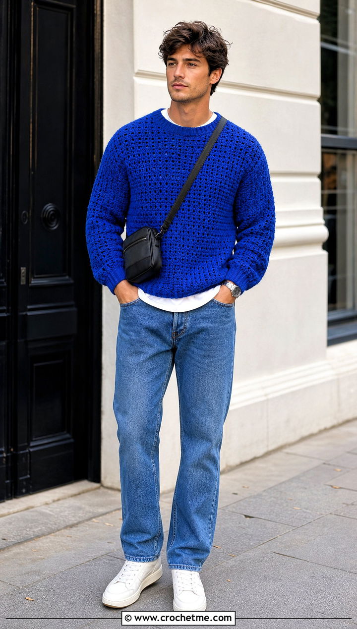 Crochet Crewneck Sweater With Straight Leg Jeans - 35 crochet man sweaters outfit ideas