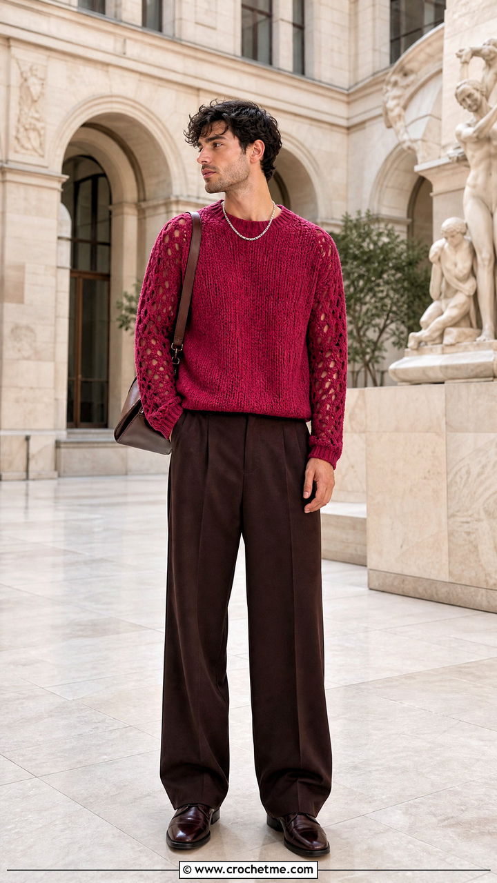 Crochet Crewneck Sweater With Wide Leg Trousers - 35 crochet outfits for men outfit ideas