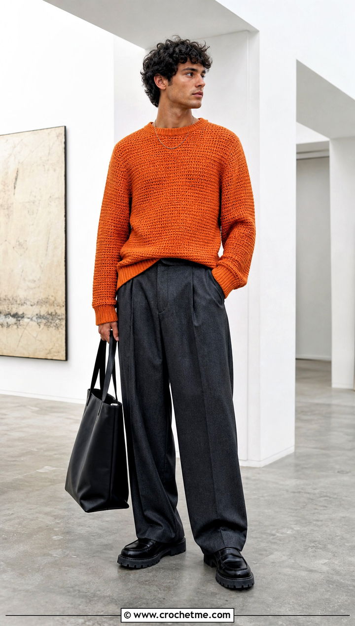 Crochet Crewneck Sweater With Wide Leg Trousers - 35 crochet mens clothes and outfit ideas