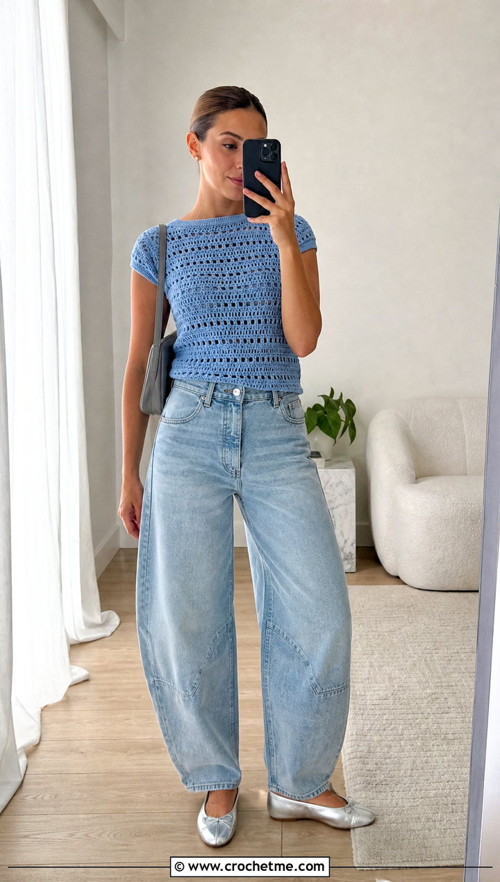 Crochet Crewneck Tee With Barrel Jeans - 15 crochet short sleeve shirt outfit ideas