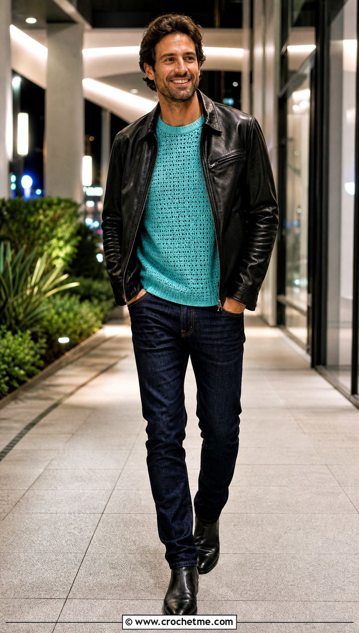 Crochet Crewneck Top With Leather Jacket And Jeans - 30 men crochet top outfit ideas