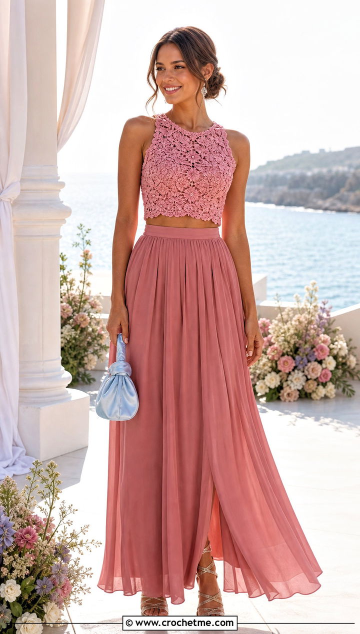 Crochet Crop Top And Chiffon Maxi Skirt Wedding Guest Outfit - 25 crochet wedding guest outfit ideas