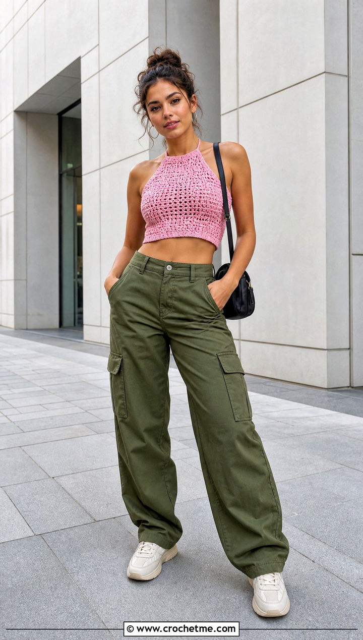Crochet Crop Top With Cargo Pants - 35 Women Crochet Top outfit ideas