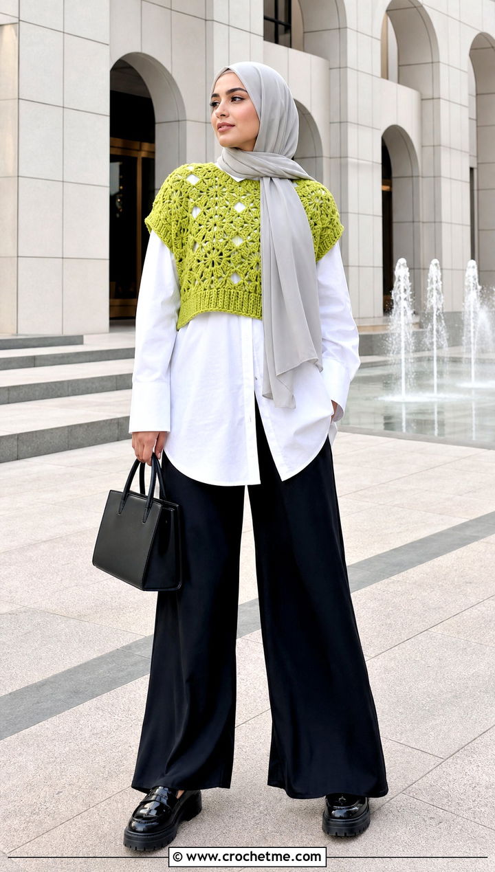 Crochet Crop Top With Oversized Shirt And Palazzo Pants - 20 crochet top hijabi outfit ideas