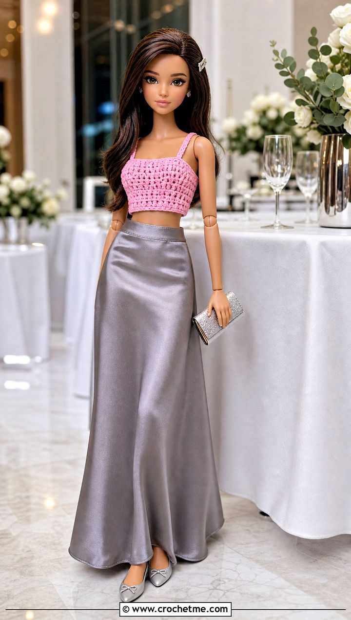 Crochet Crop Top With Satin Maxi Skirt Doll Outfit - 15 Crochet Doll Clothes English outfit ideas