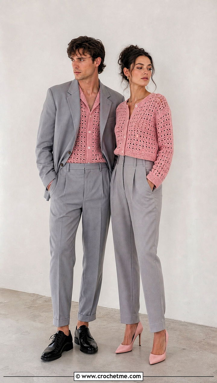 Crochet Cropped Cardigan And Tailored Suit Outfit - 30 couples crochet outfit ideas