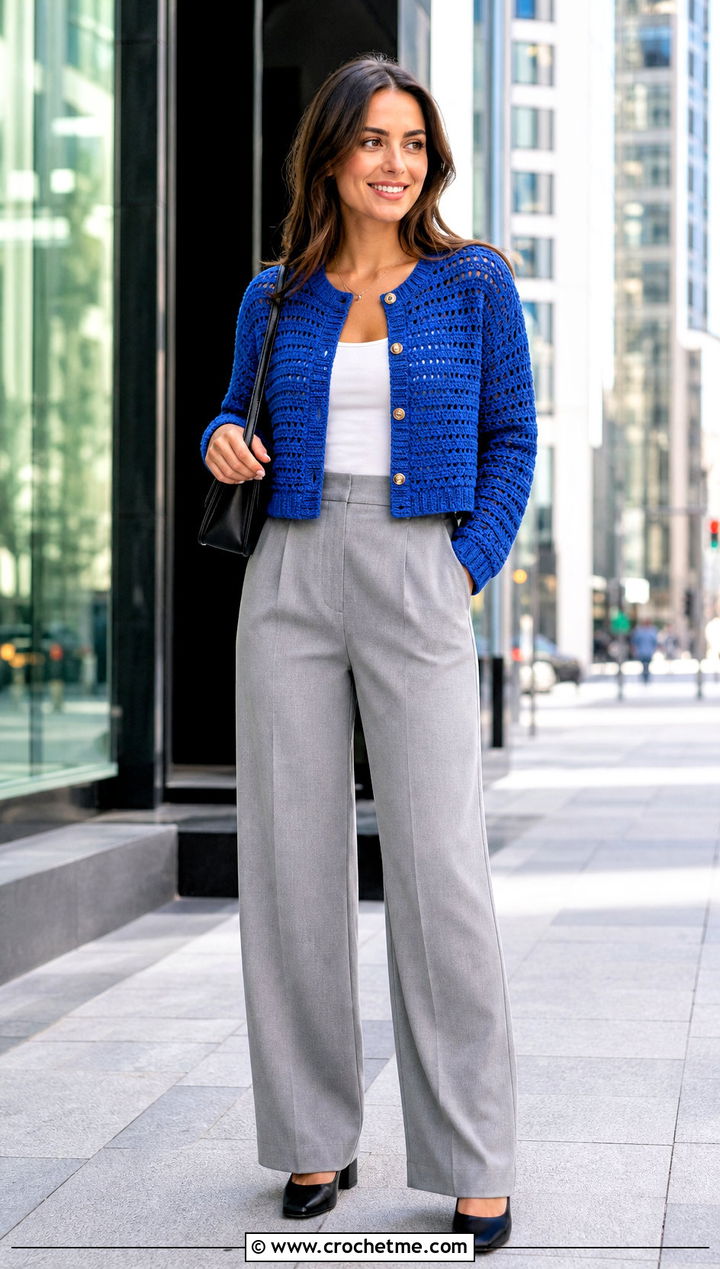 Crochet Cropped Cardigan With High Waisted Trousers - 25 Crochet Professional Clothes and outfit ideas