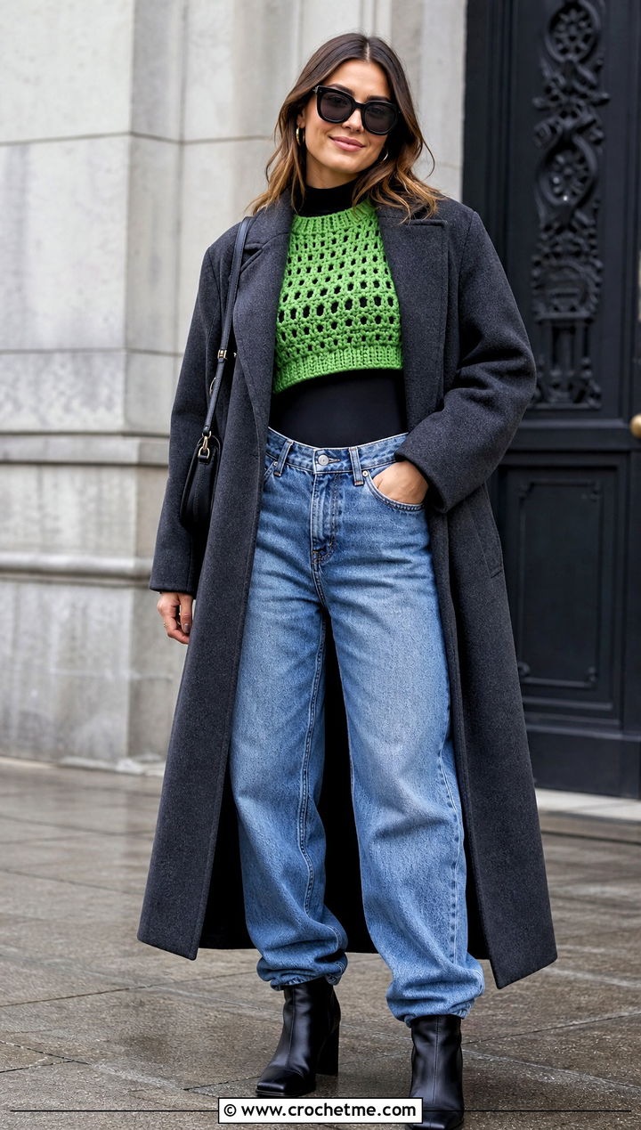 Crochet Cropped Sweater With High Waisted Jeans - 30 crochet clothes for winter outfit ideas