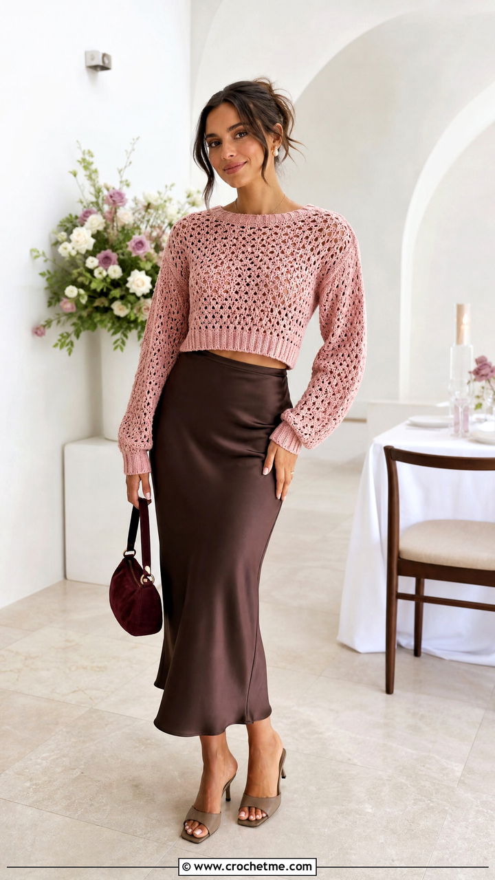 Crochet Cropped Sweater With Satin Midi Skirt - 35 crochet clothes and accessories outfit ideas