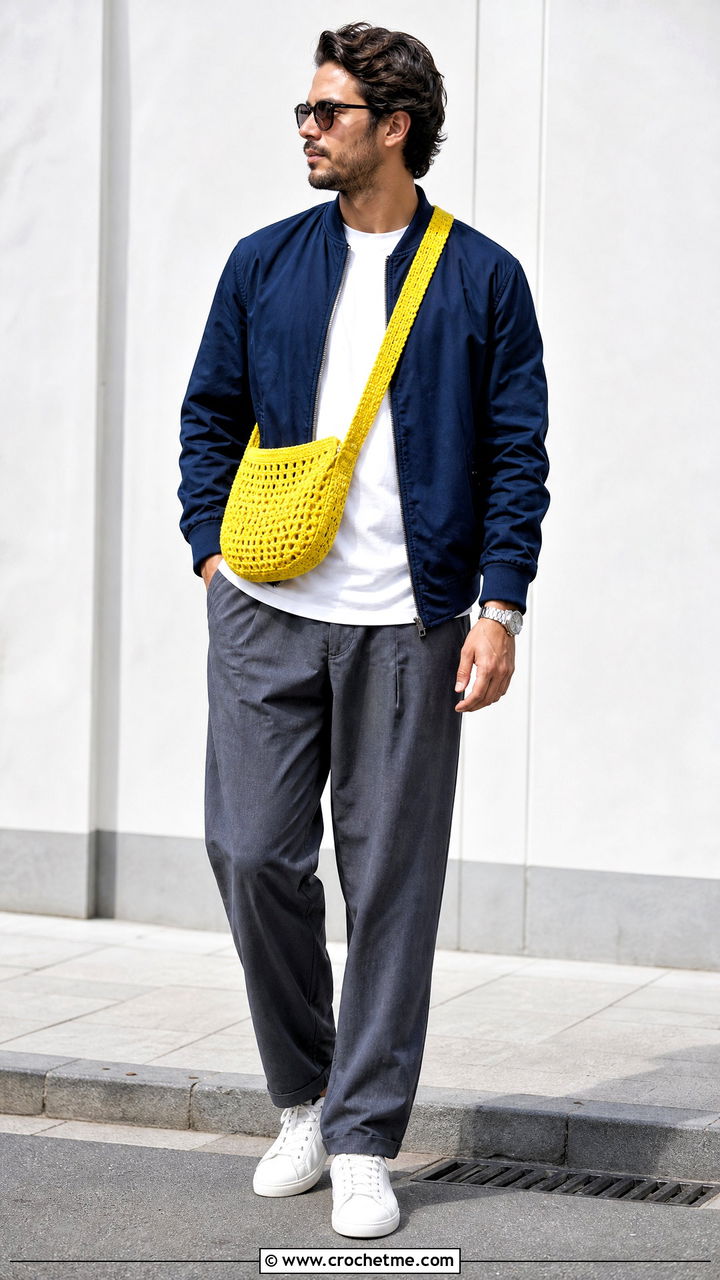 Crochet Crossbody Bag With Bomber Jacket - 35 crochet outfits for men outfit ideas