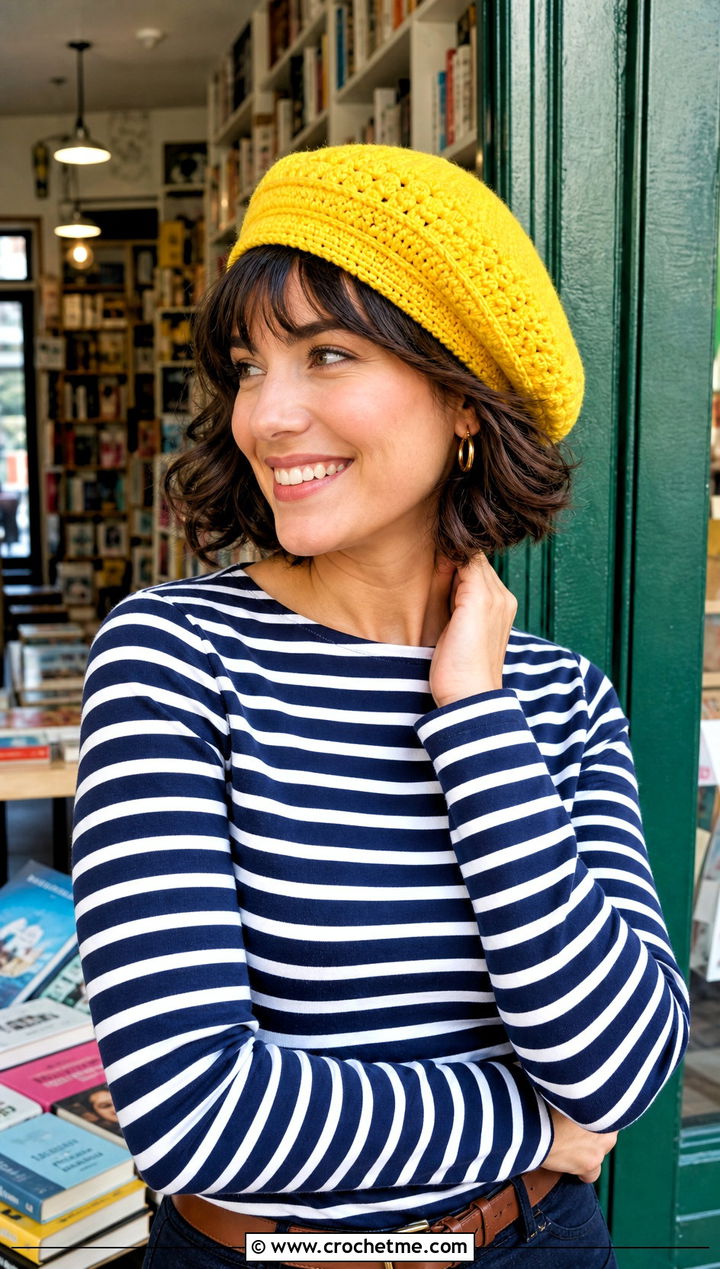 Crochet Crowd Beret With Striped Shirt And Wide Leg Jeans - 15 Crochet Crowd Hat outfit ideas