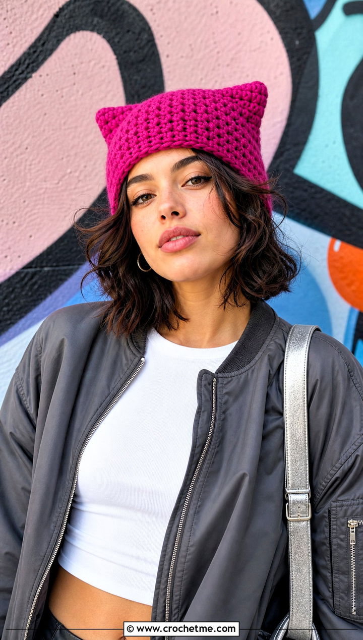 Crochet Crowd Cat Ear Hat With Bomber Jacket And Mini Skirt - 15 Crochet Crowd Hat outfit ideas
