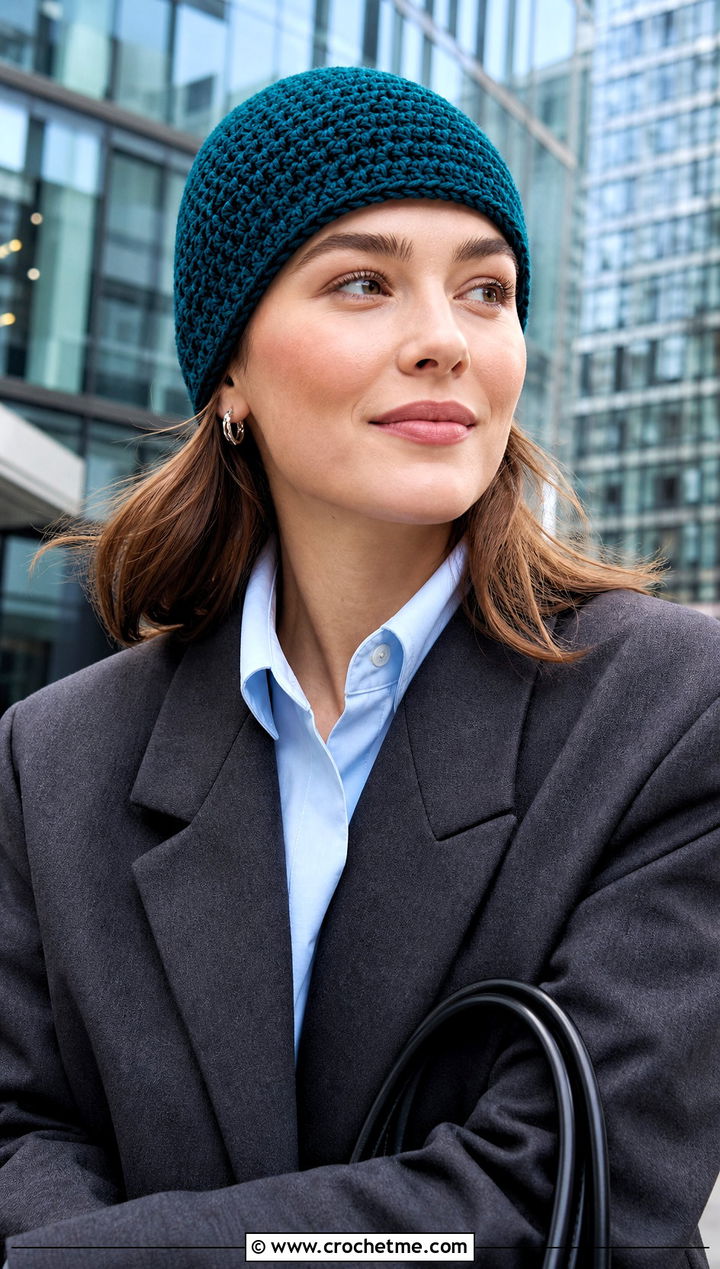 Crochet Crowd Fitted Beanie With Blazer And Trousers - 15 Crochet Crowd Hat outfit ideas