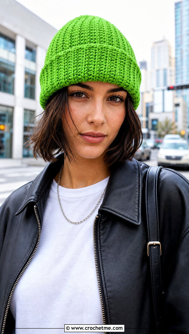 Crochet Crowd Ribbed Beanie With Leather Jacket And Cargo Pants - 15 Crochet Crowd Hat outfit ideas