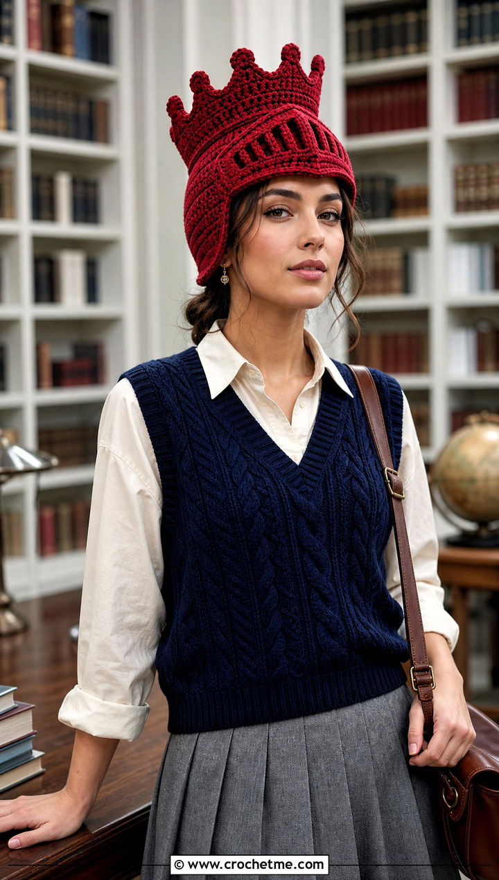 Crochet Crowned Knight Hat With Preppy Layers - 15 Knight Crochet Hat outfit ideas