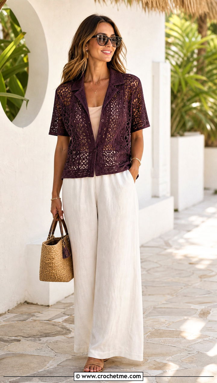 Crochet Cuban Collar Shirt With Linen Pants - 15 crochet short sleeve shirt outfit ideas