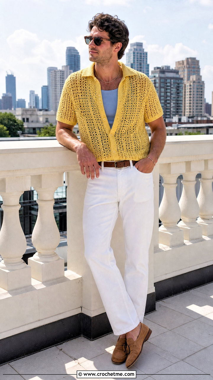 Crochet Cuban Collar Shirt With White Jeans - 35 crochet mens shirt outfit ideas