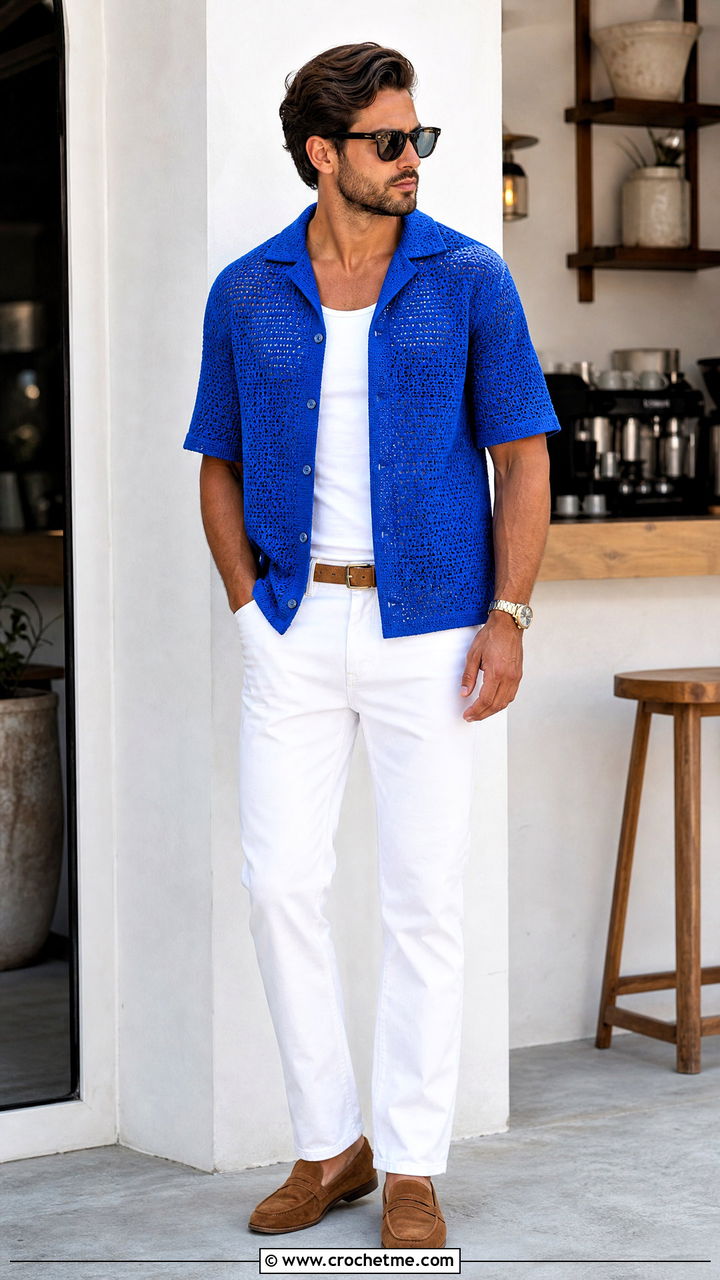 Crochet Cuban Collar Shirt With White Jeans - 35 crochet men shirt outfit ideas