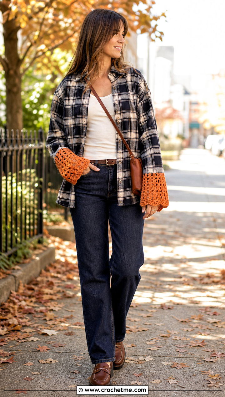 Crochet Cuff Upcycled Flannel Shirt With Straight Leg Jeans - 20 Upcycle Shirt With Crochet outfit ideas