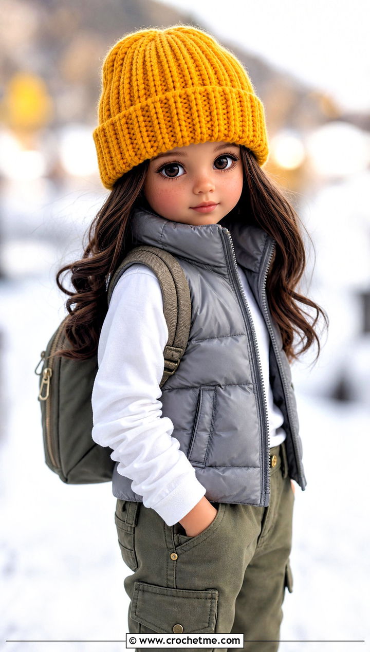 Crochet Cuffed Beanie With Puffer Vest And Cargo Pants - 35 crochet hat for doll outfit ideas