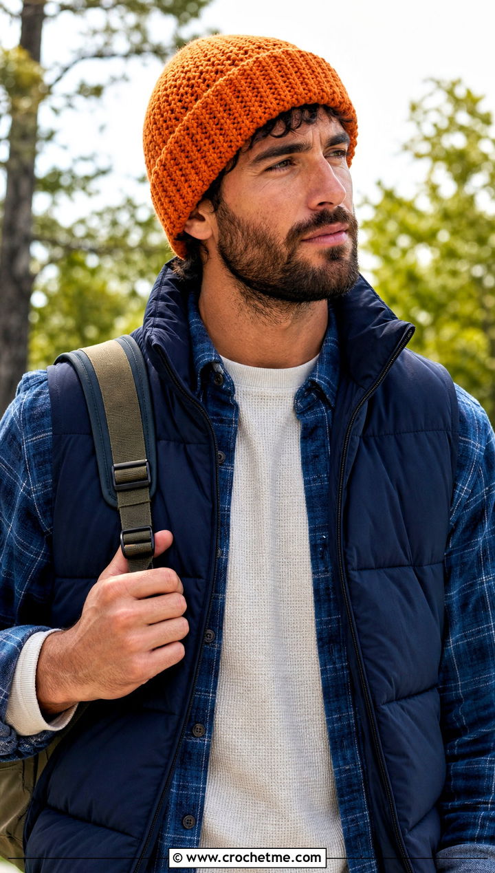 Crochet Cuffed Beanie With Puffer Vest - 15 Crochet Mens Hats outfit ideas