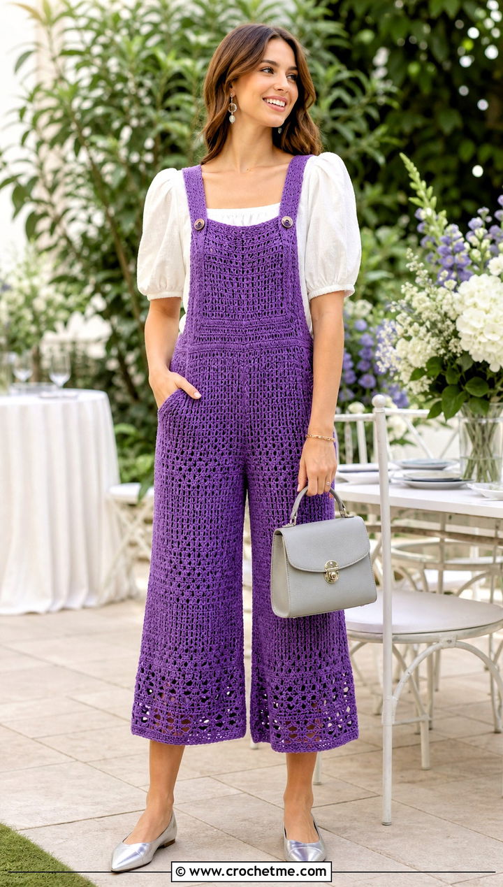 Crochet Culotte Dungarees With Puff Sleeve Blouse - 30 crochet dungarees outfit ideas