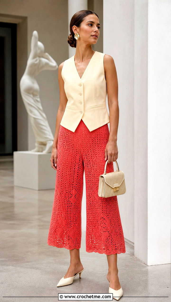 Crochet Culotte Pants With A Tailored Waistcoat - 35 Summer Crochet Pants Outfit ideas