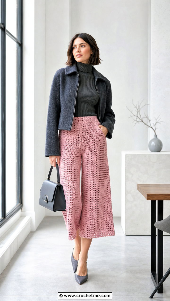 Crochet Culotte Pants With Ribbed Turtleneck - 30 Crochet Pant Outfit ideas