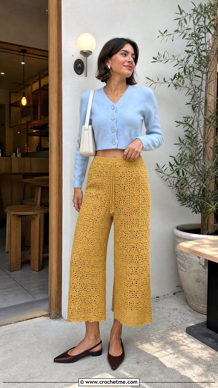 Crochet Culotte Trousers With Cropped Cardigan - 35 crochet trousers outfit ideas