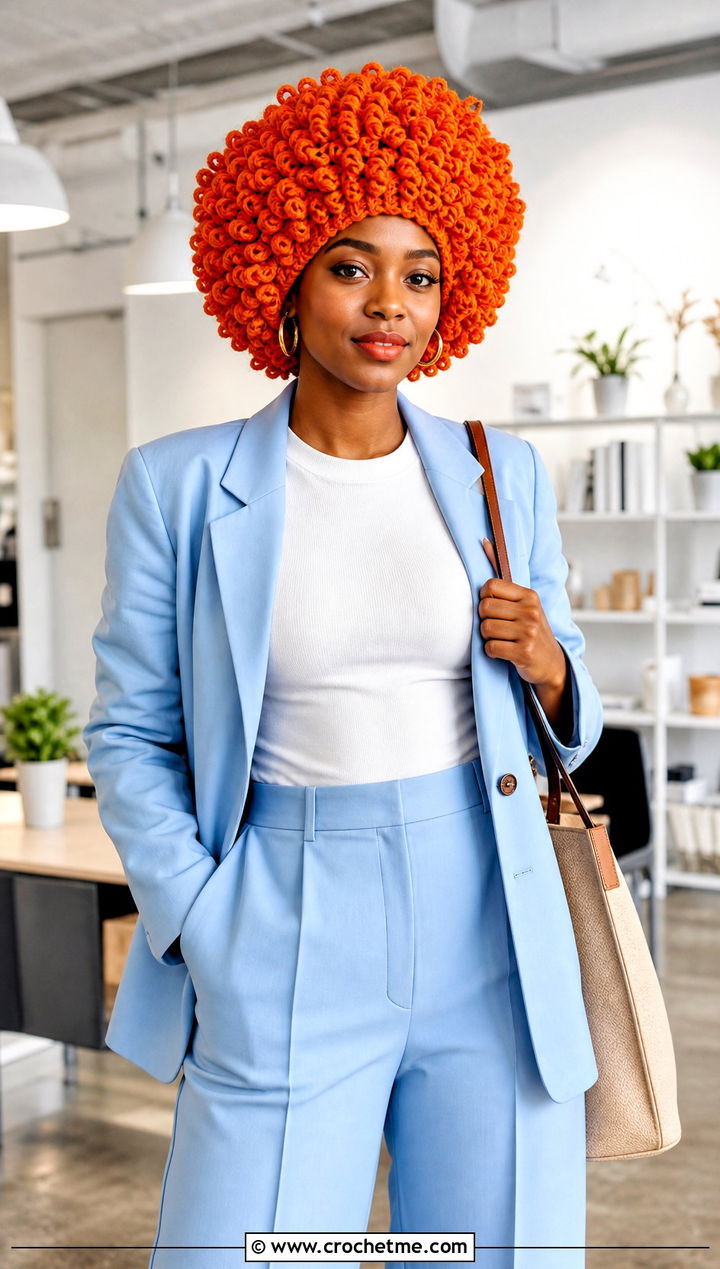 Crochet Curly Afro Wig Hat With Tailored Suit - 20 Crochet Wig Hat outfit ideas