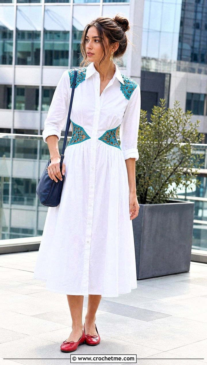 Crochet Cutout Cotton Shirt Dress With Ballet Flats - 25 fabric and crochet dress outfit ideas