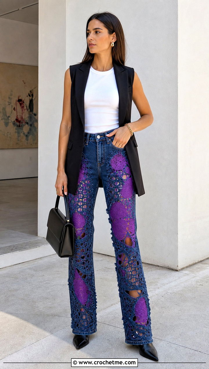 Crochet Cutout Jeans With Longline Vest - 30 crochet denim pants outfit ideas