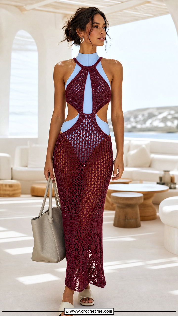 Crochet Cutout Maxi Dress With Simple Slides - 35 crochet bathing suit cover up outfit ideas