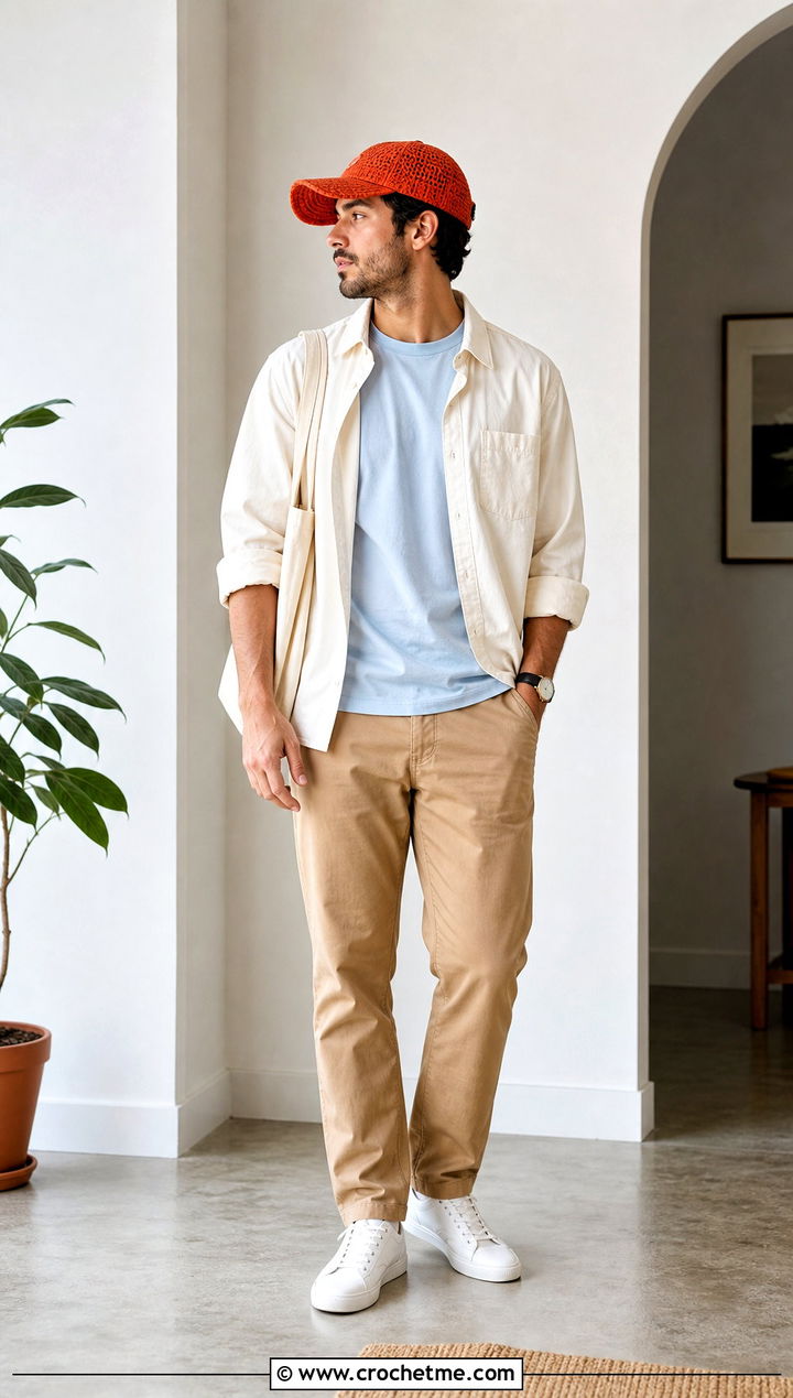 Crochet Dad Cap With Minimal Outfit - 35 mens crochet hat outfit ideas