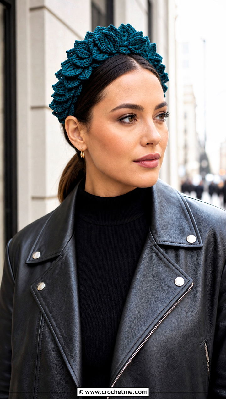 Crochet Dahlia Padded Headband With Leather Jacket - 15 crochet flower headband and clip outfit ideas