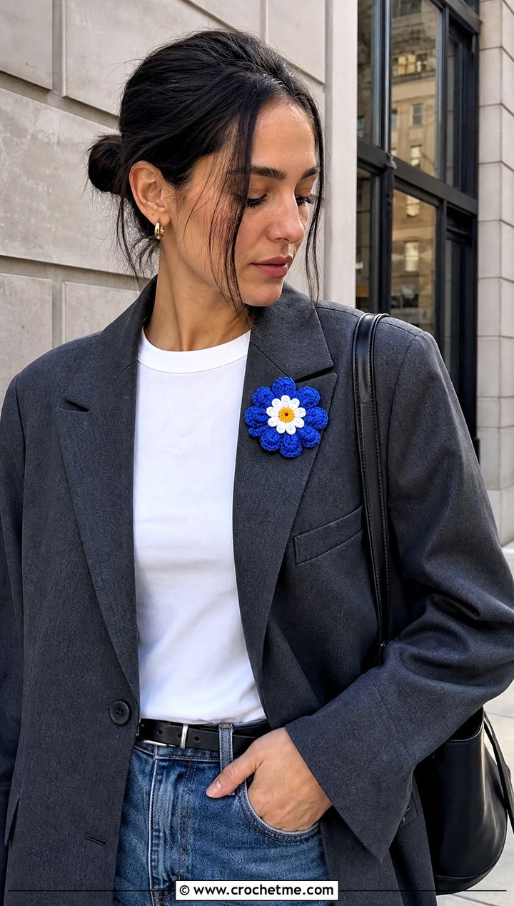 Crochet Daisy Brooch With Blazer And Jeans - 30 Crochet Flower Outfit ideas